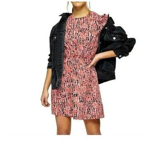 TopShop Petite Red Animal Print Puff Sleeve Mini Dress Open Back Size 2